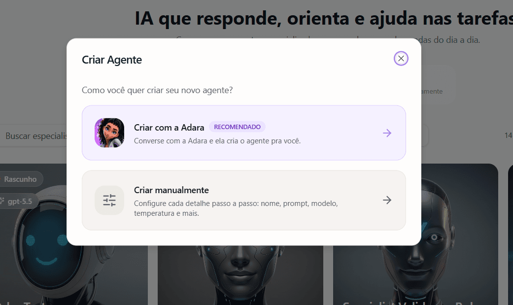 Janela de escolha do método de criação