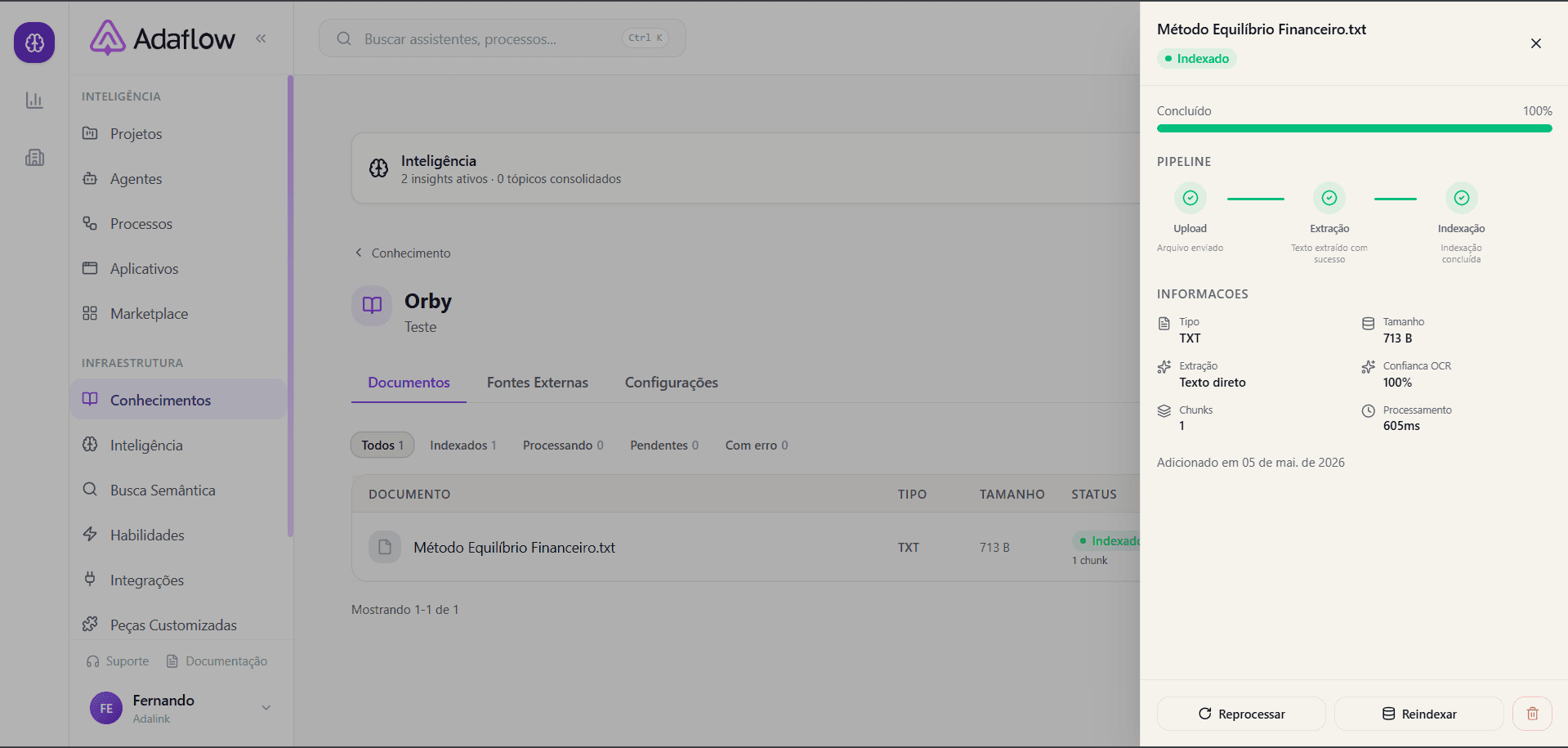 Painel com o status do documento processado