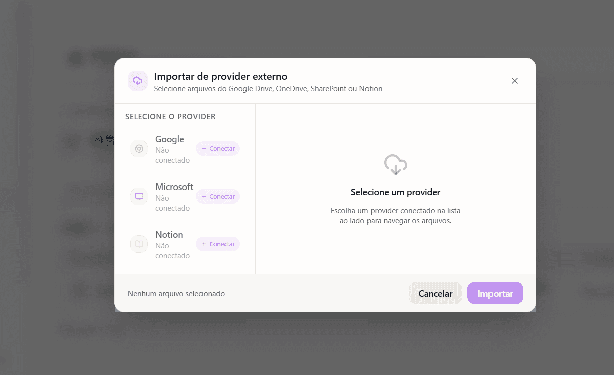 Janela para importar de provider externo