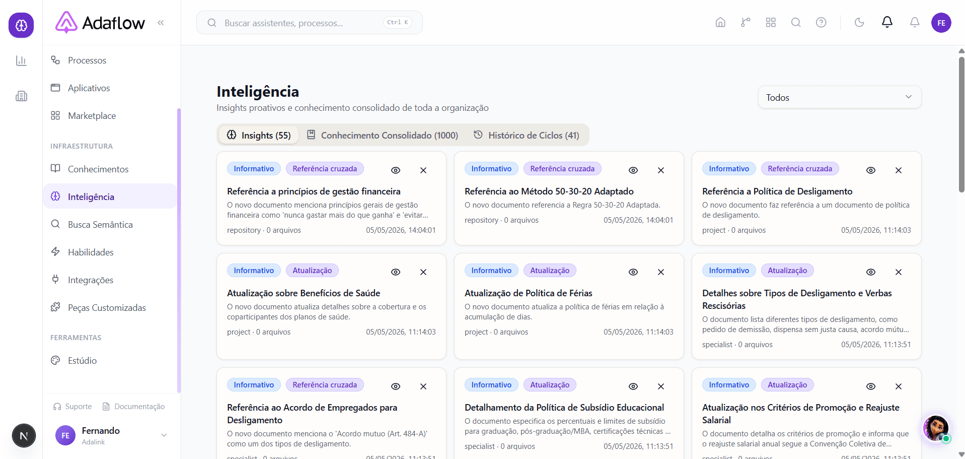 Página principal da Inteligência, com cards de insights detectados
