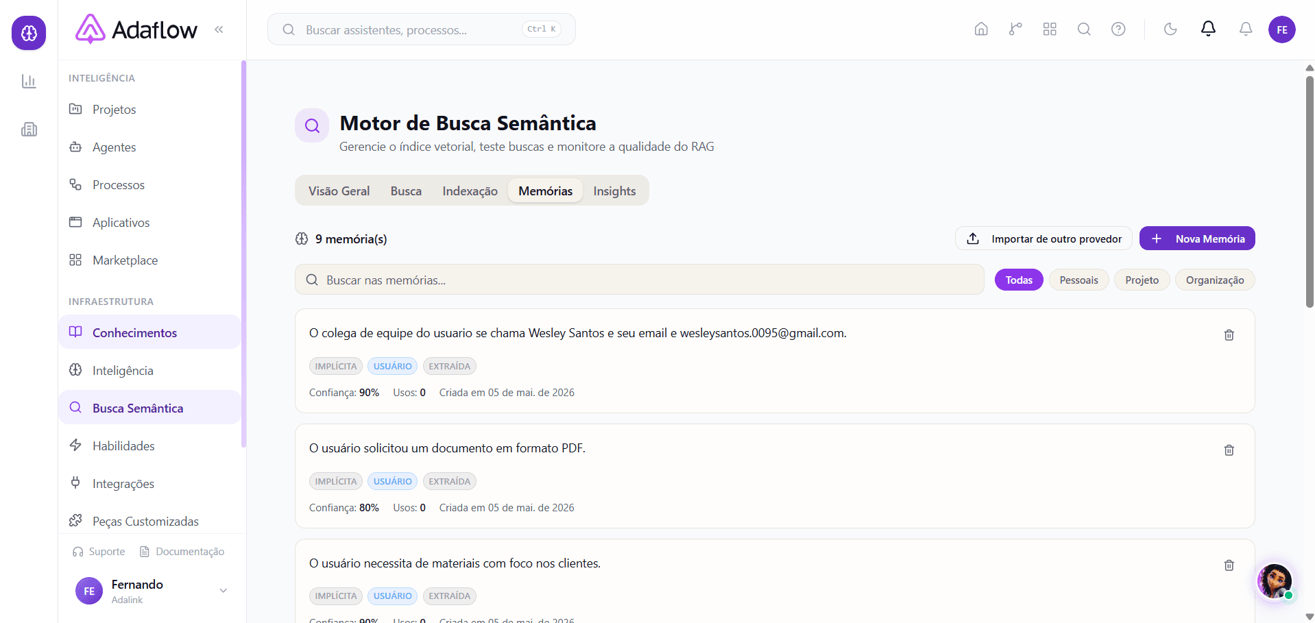Aba Memórias — fatos persistentes que personalizam respostas