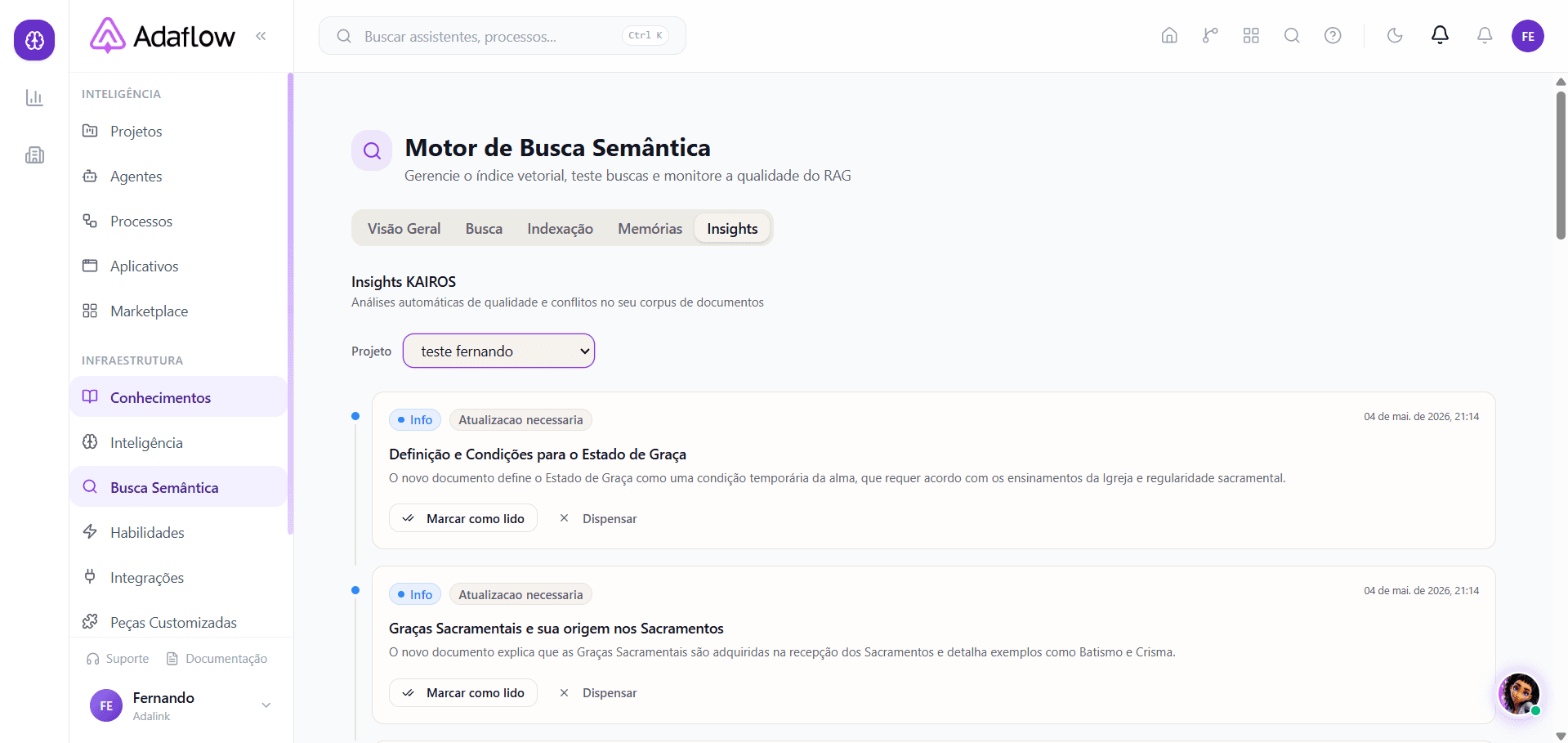 Aba Insights — alertas do KAIROS por projeto