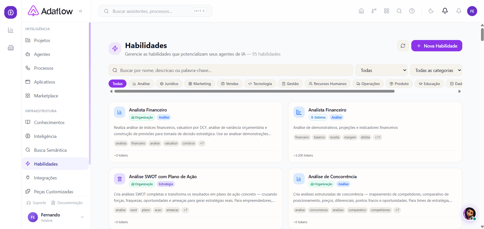 Lista de habilidades da organização, com filtros por categoria