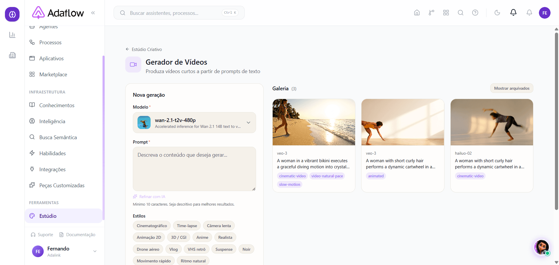 Gerador de Vídeos — pronto para gerar a partir de prompt