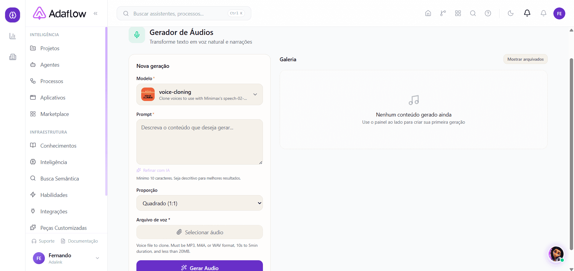 Gerador de Áudios — entrada de prompt + voz de referência opcional