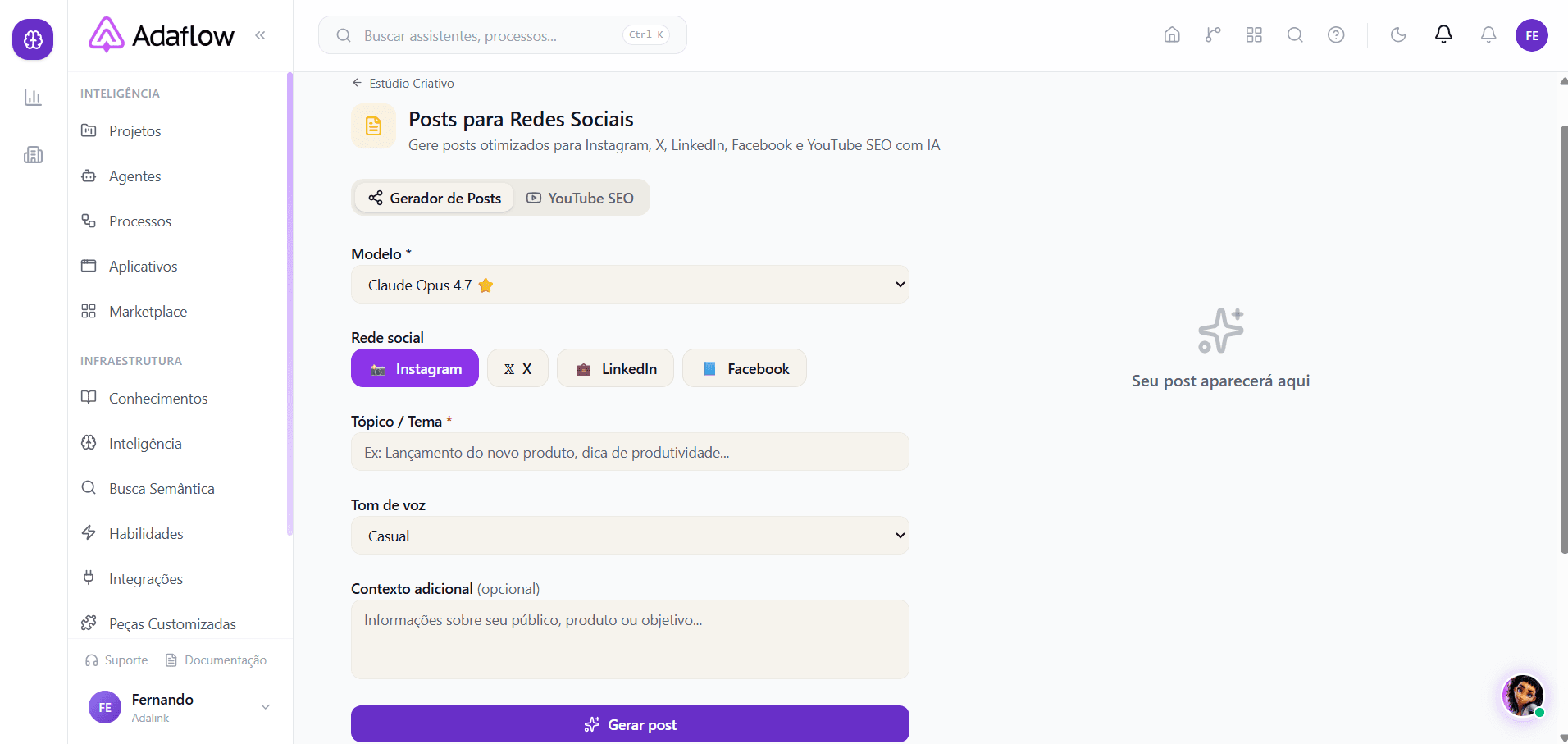 Posts para Redes Sociais — escolha rede, tom e tópico