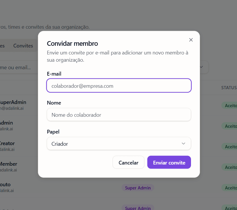 Modal Convidar membro — email, nome e papel