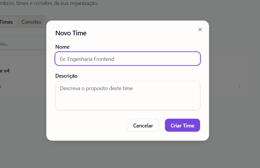 Modal Novo Time — nome e descrição