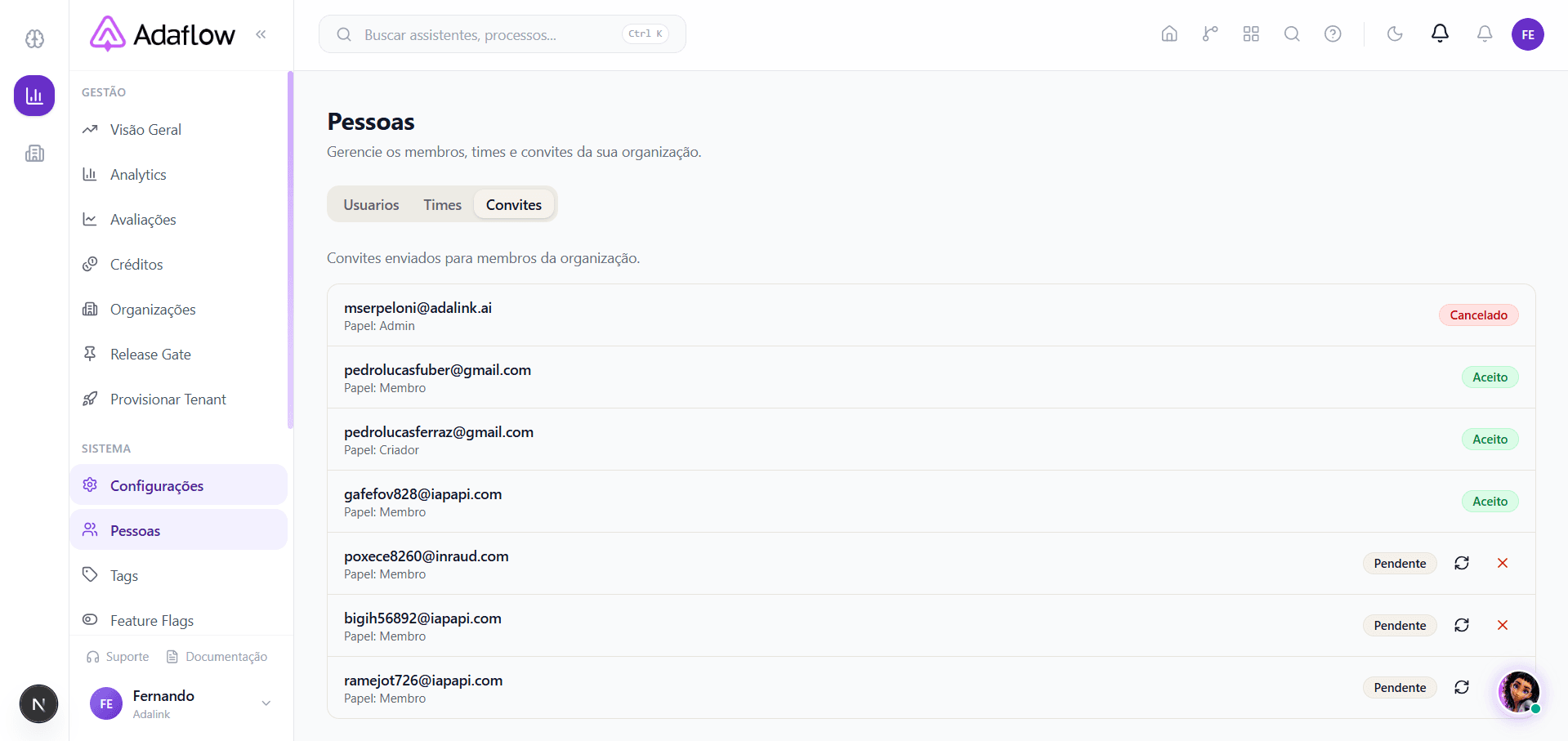 Aba Convites — convites enviados com seu status atual