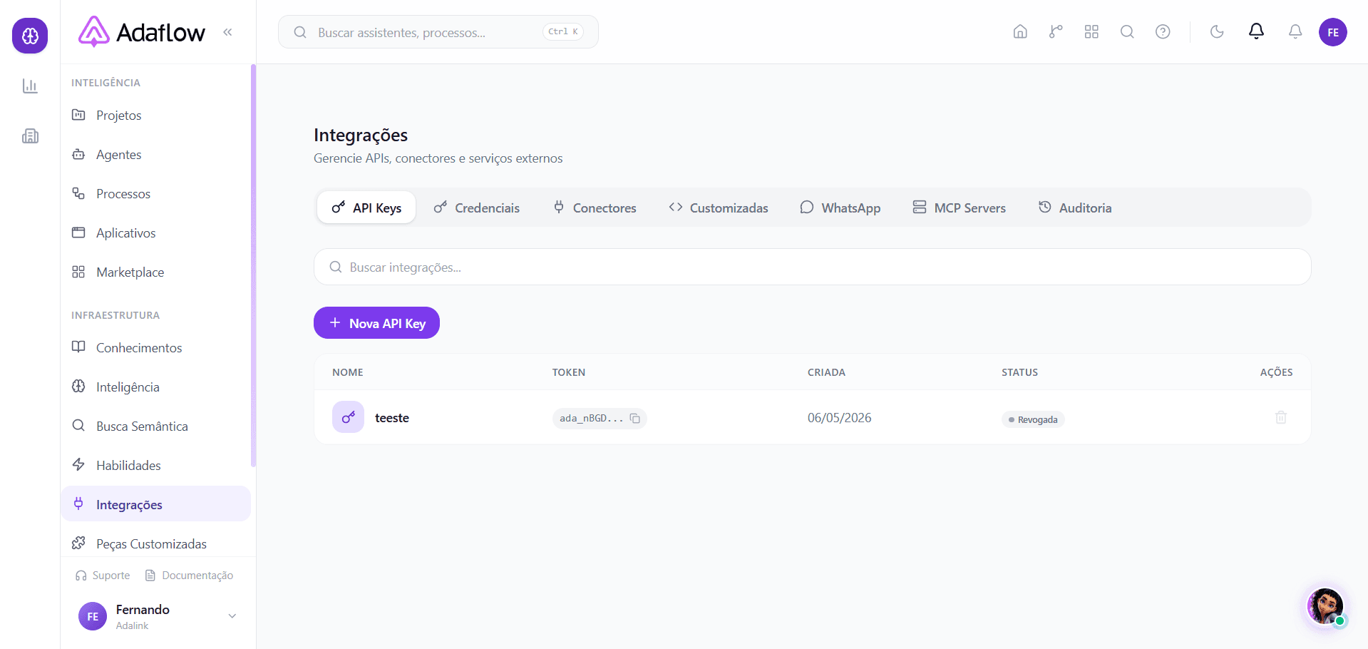 Aba API Keys — chaves para integração com sua aplicação