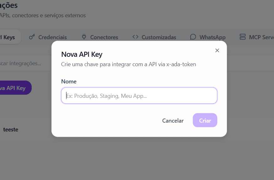 Modal Nova API Key — só pede o nome