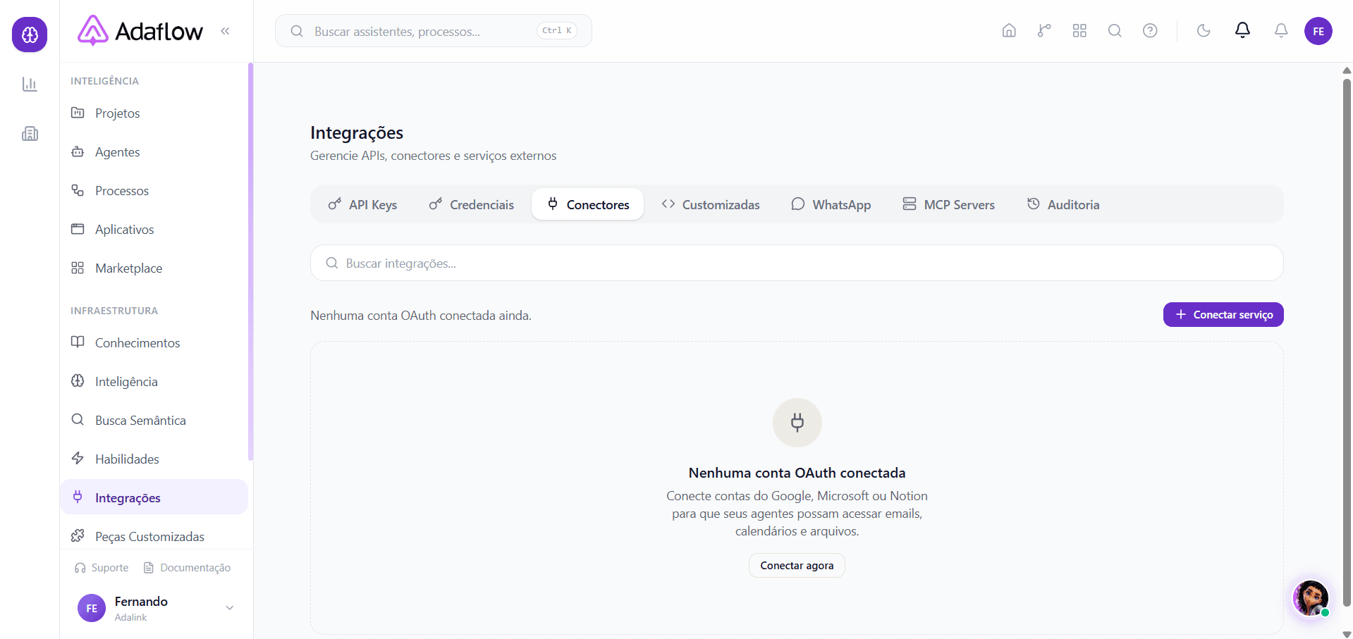 Aba Conectores — contas OAuth conectadas