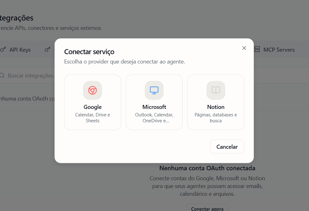 Escolha o serviço que quer conectar