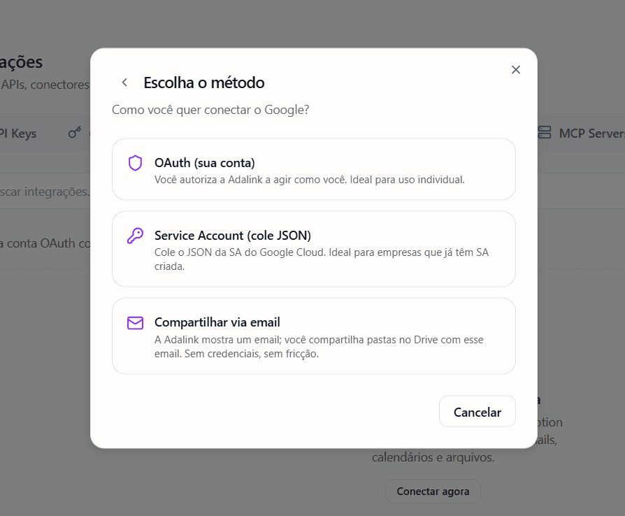 Métodos para conectar uma conta Google