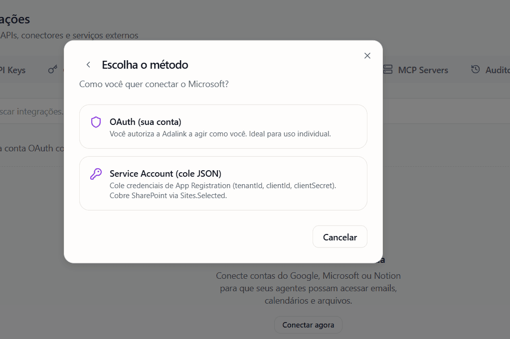Métodos para conectar uma conta Microsoft