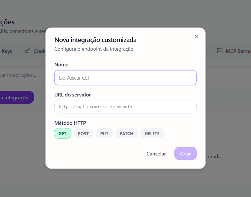 Modal Nova integração customizada — nome, URL e método