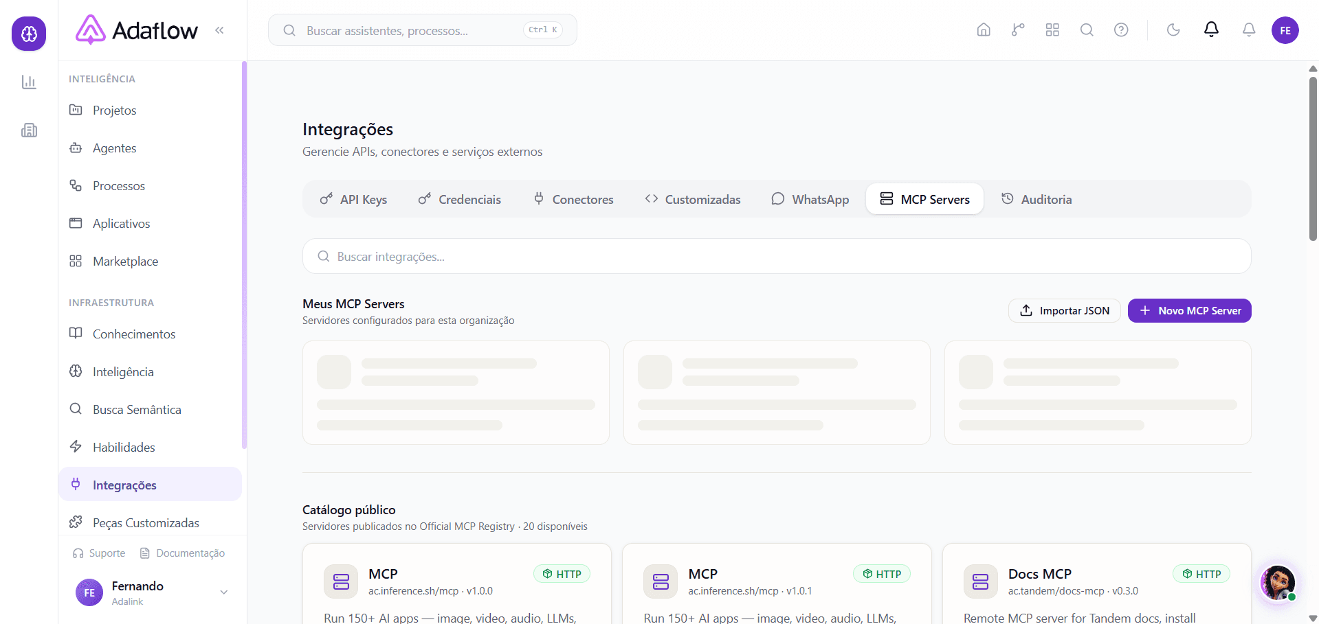 Aba MCP Servers — meus servidores e catálogo público