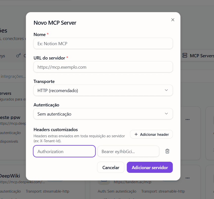 Adicionando um header customizado (Authorization: Bearer ...)