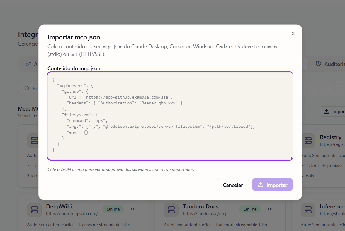 Modal Importar mcp.json — copie do Claude Desktop, Cursor ou Windsurf