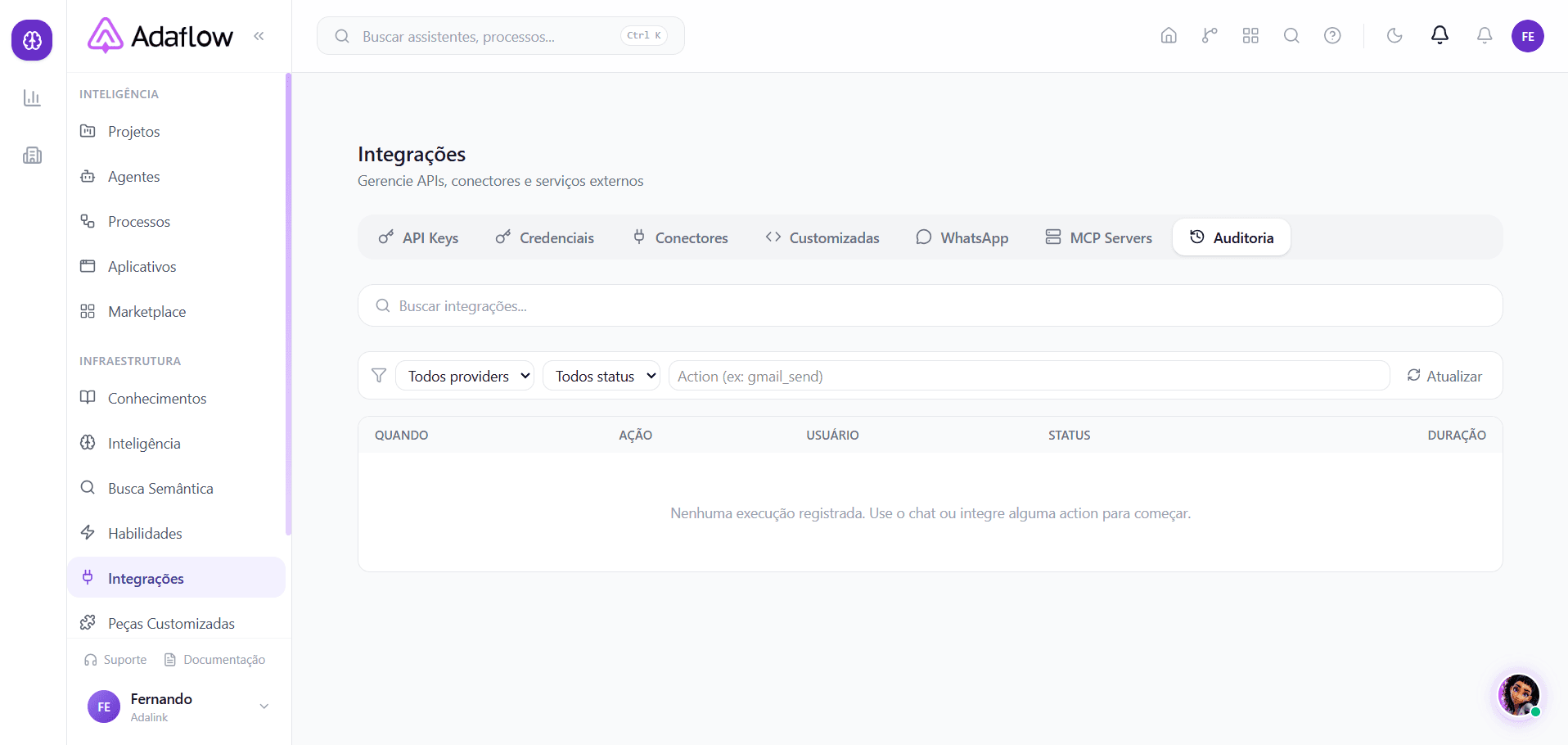 Aba Auditoria — histórico de execuções de tools