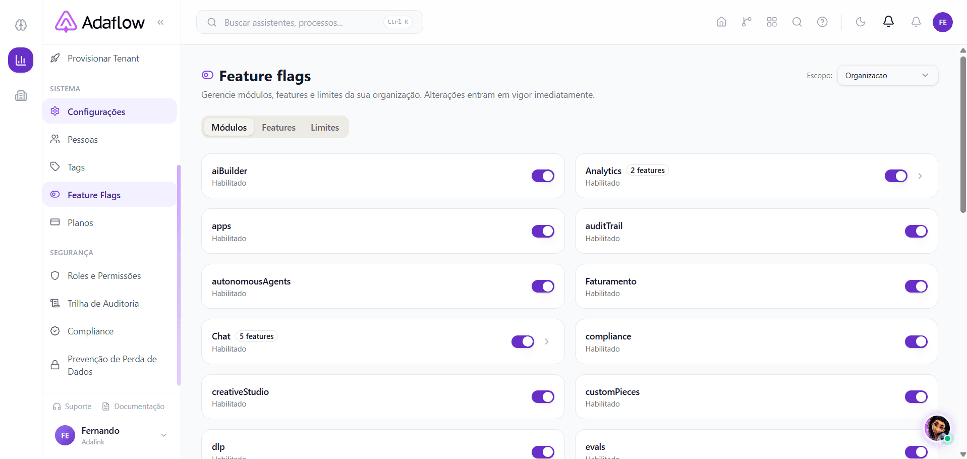 Aba Módulos — toggles para áreas inteiras