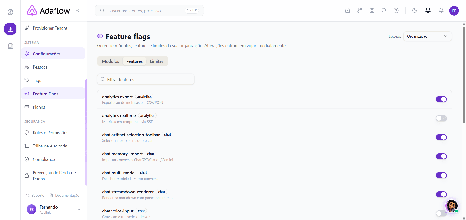 Aba Features — toggles granulares por funcionalidade