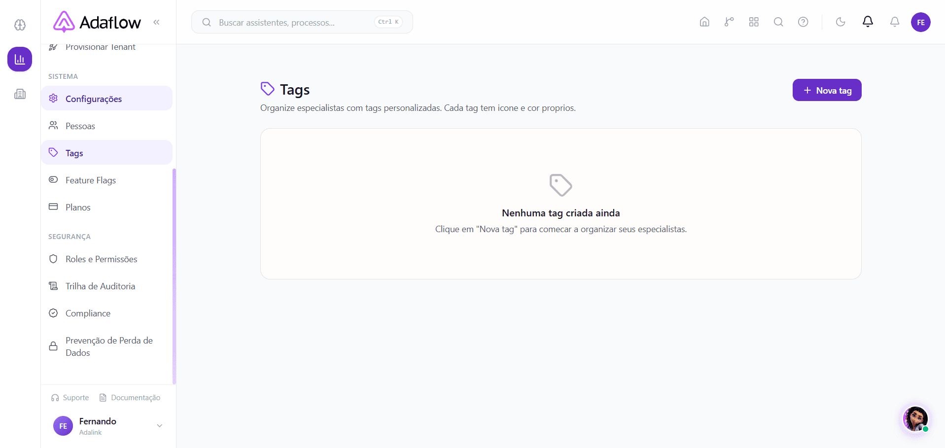 Página de Tags — vazia até você criar a primeira