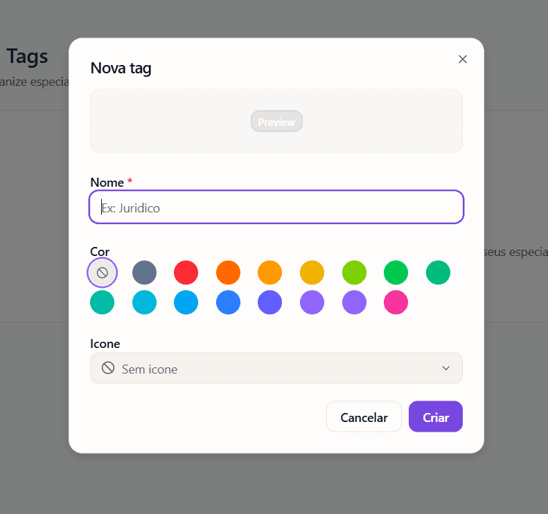 Modal Nova tag — nome, cor e ícone