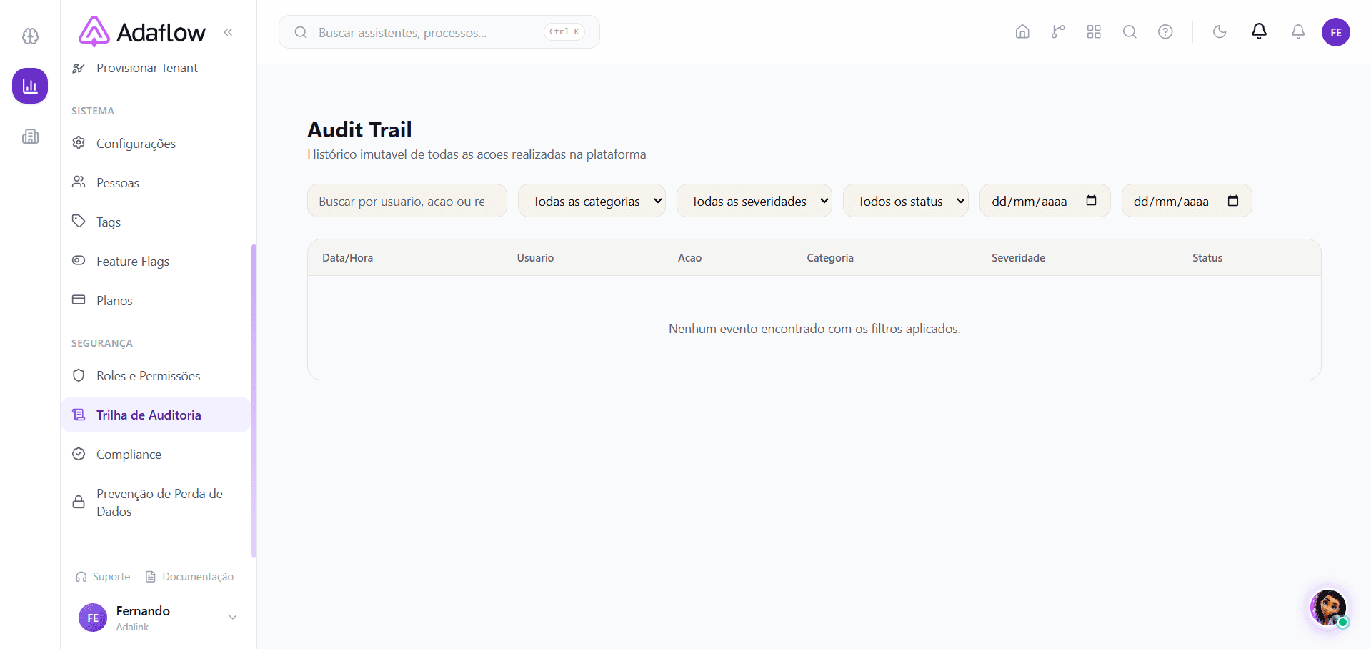 Audit Trail — filtros por categoria, severidade e período